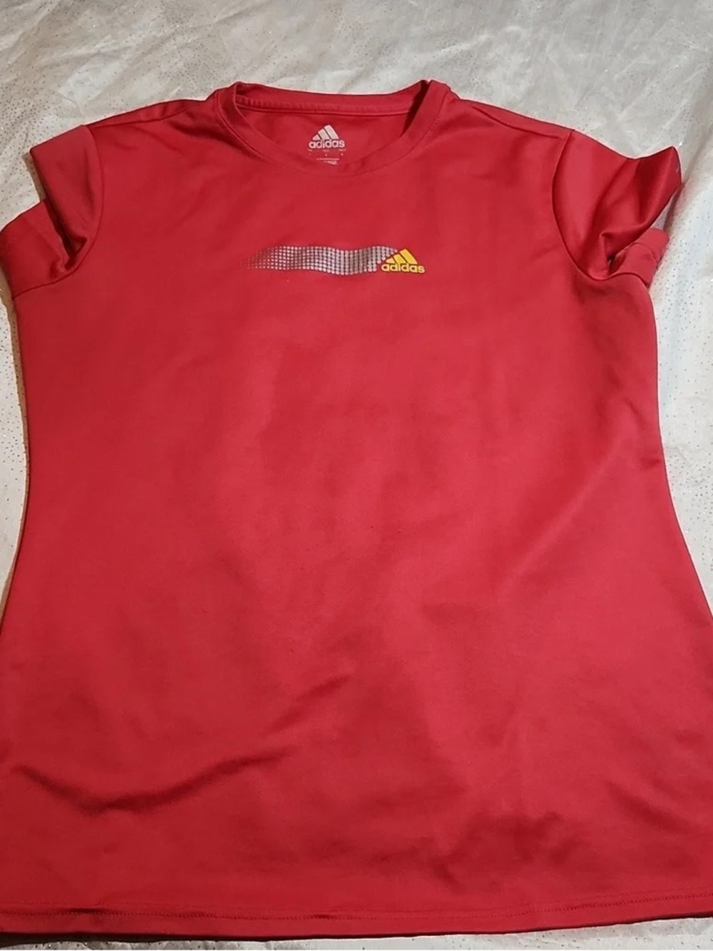 adidas Red Short Sleeve Performance Tee with Yellow Logo